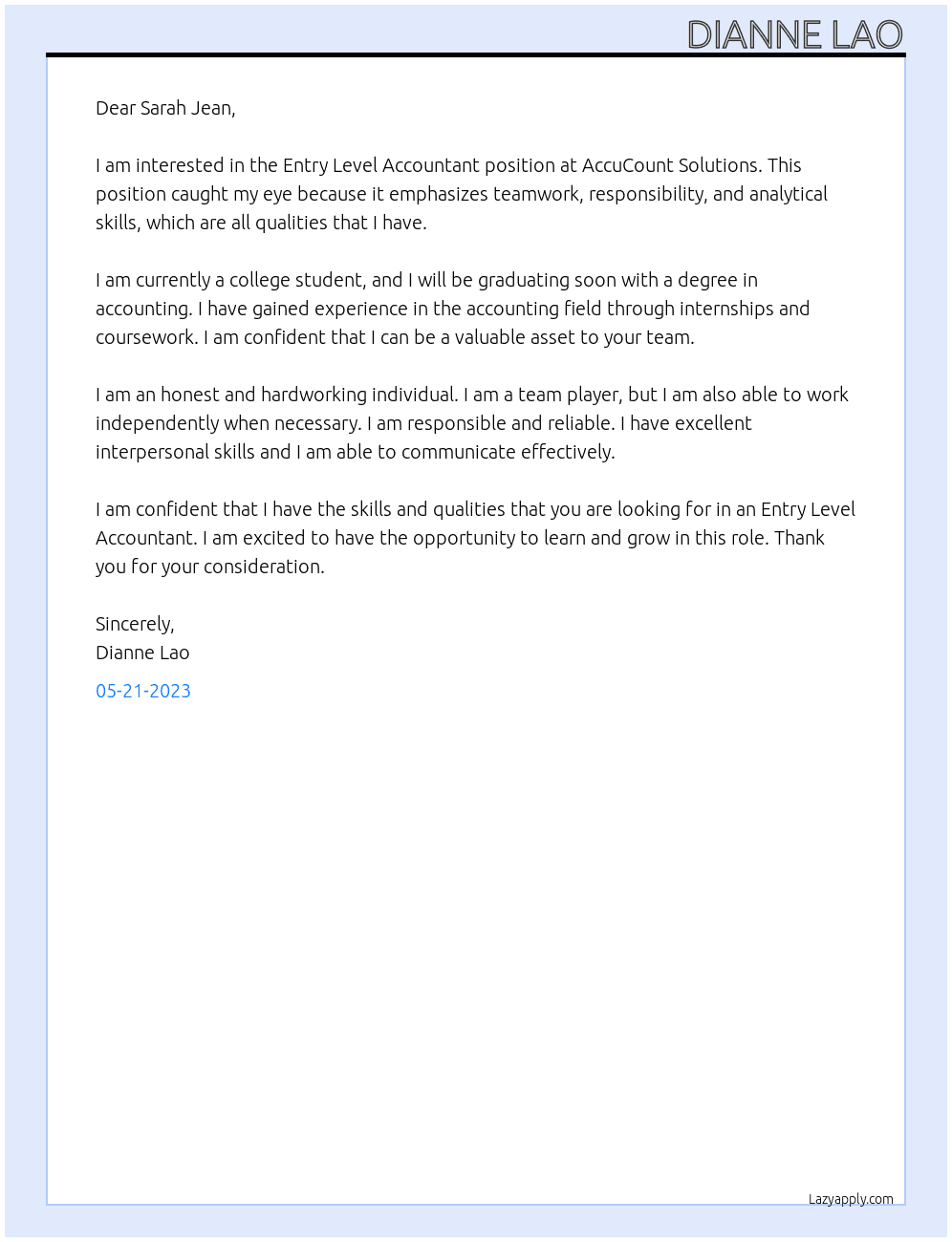 Entry Level Accountant At AccuCount Solutions Cover Letter