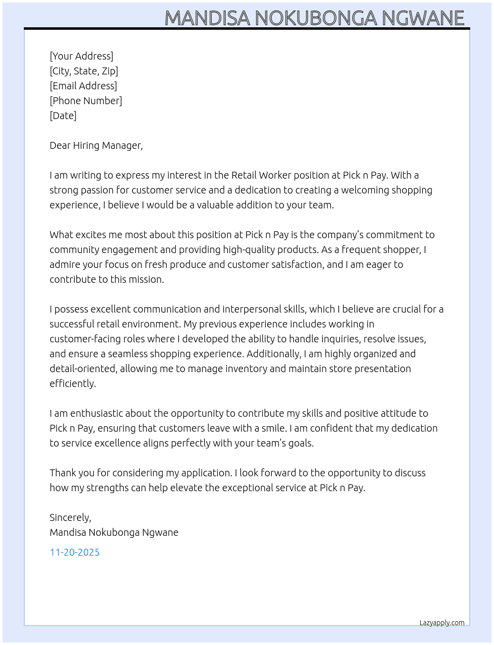 Retail Worker  At Pick n Pay Cover Letter