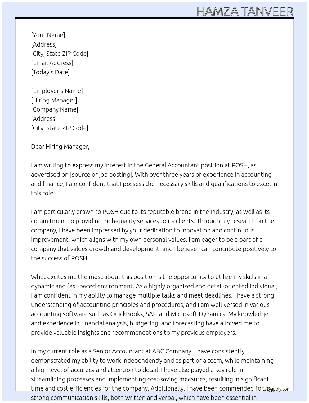 General Accountant At POSH Cover Letter