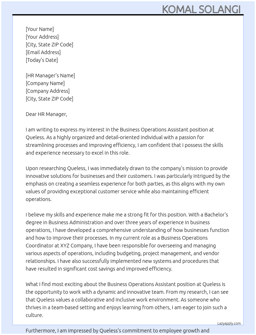  Business Operations Assistant  At Queless Cover Letter
