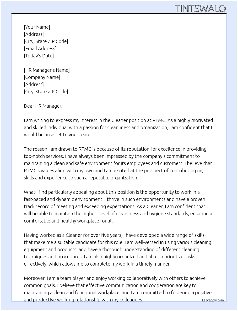 CLEANER At RTMC Cover Letter