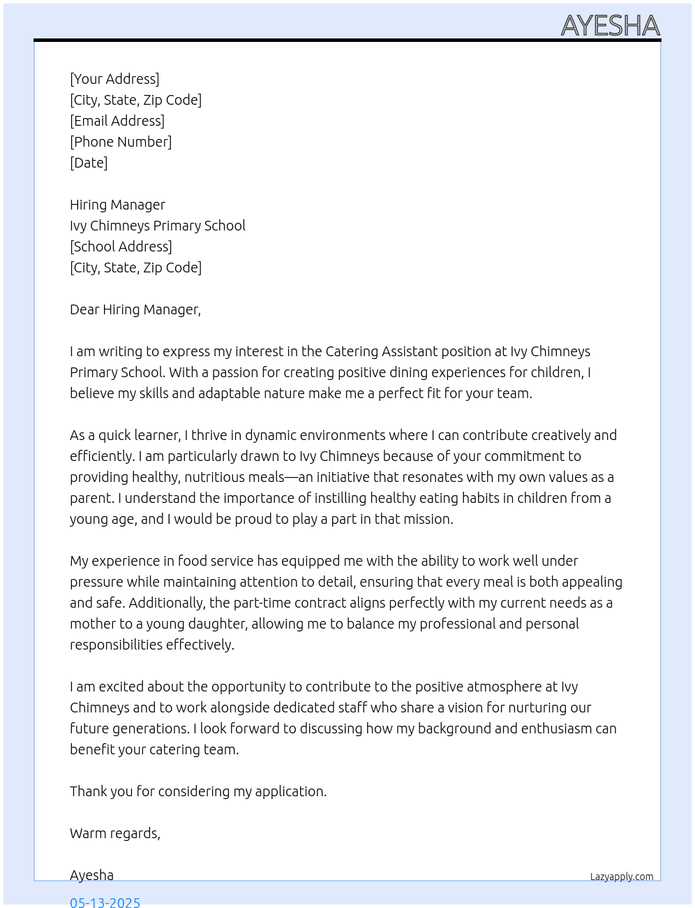 Catering assistant  At Ivy Chimneys Primary School Cover Letter