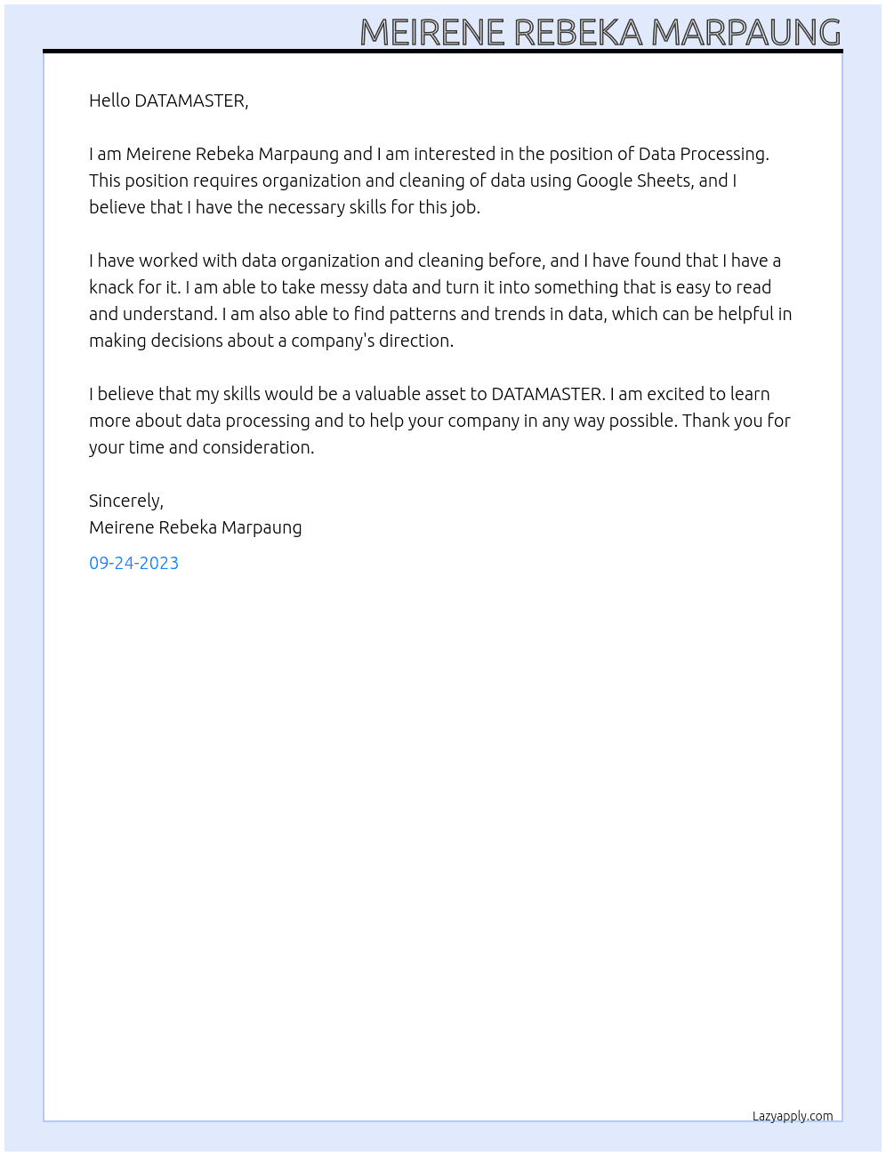 Data Processing At DATAMASTER Cover Letter