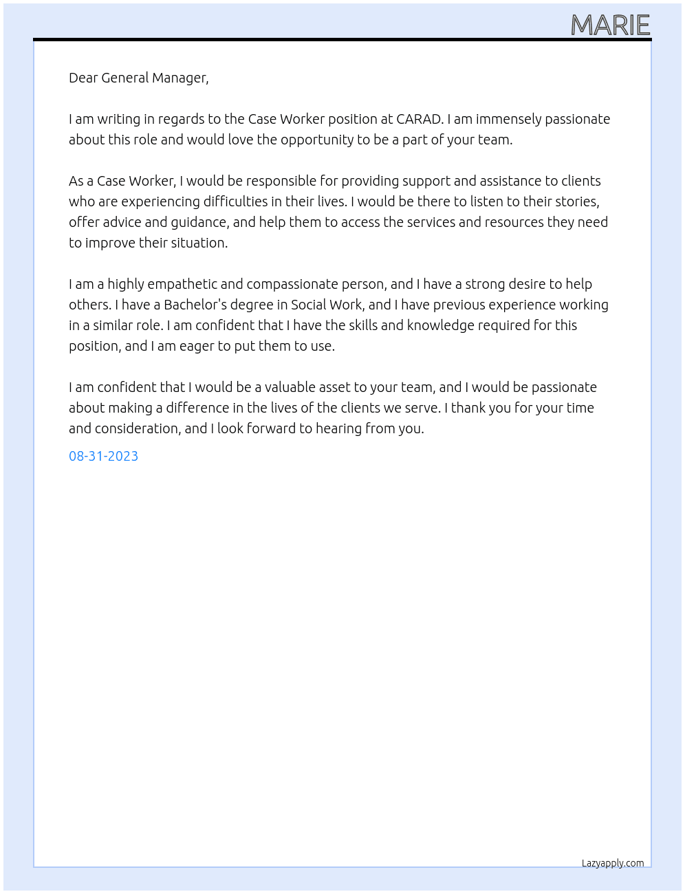 Case Worker At CARAD Cover Letter
