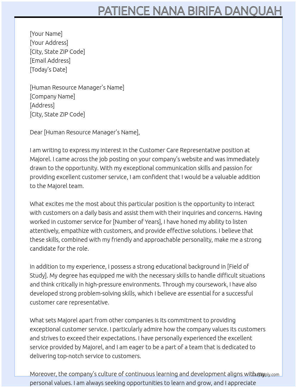 Customer care representative At Majorel Cover Letter