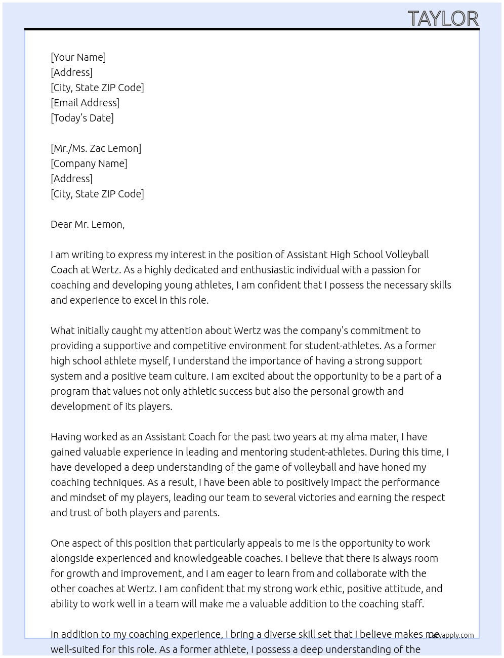 Assistant High School Volleyball Coach At Wertz Cover Letter