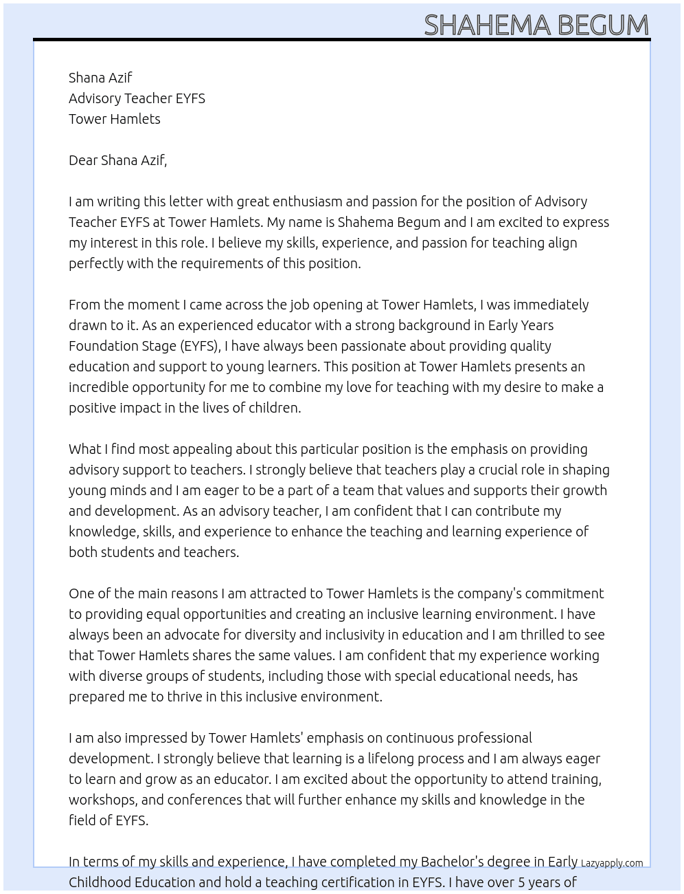 Advisory teacher EYFS At Tower Hamlets  Cover Letter