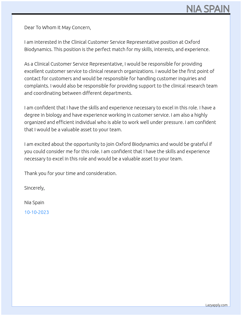 Clinical Customer Service Representative  At Oxford Biodynamics  Cover Letter