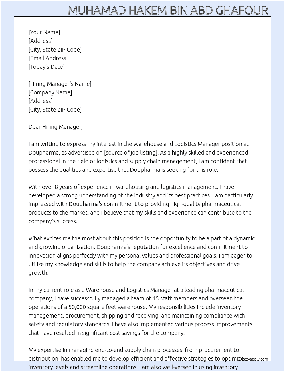 Warehouse and Logistics manager At Doupharma Cover Letter