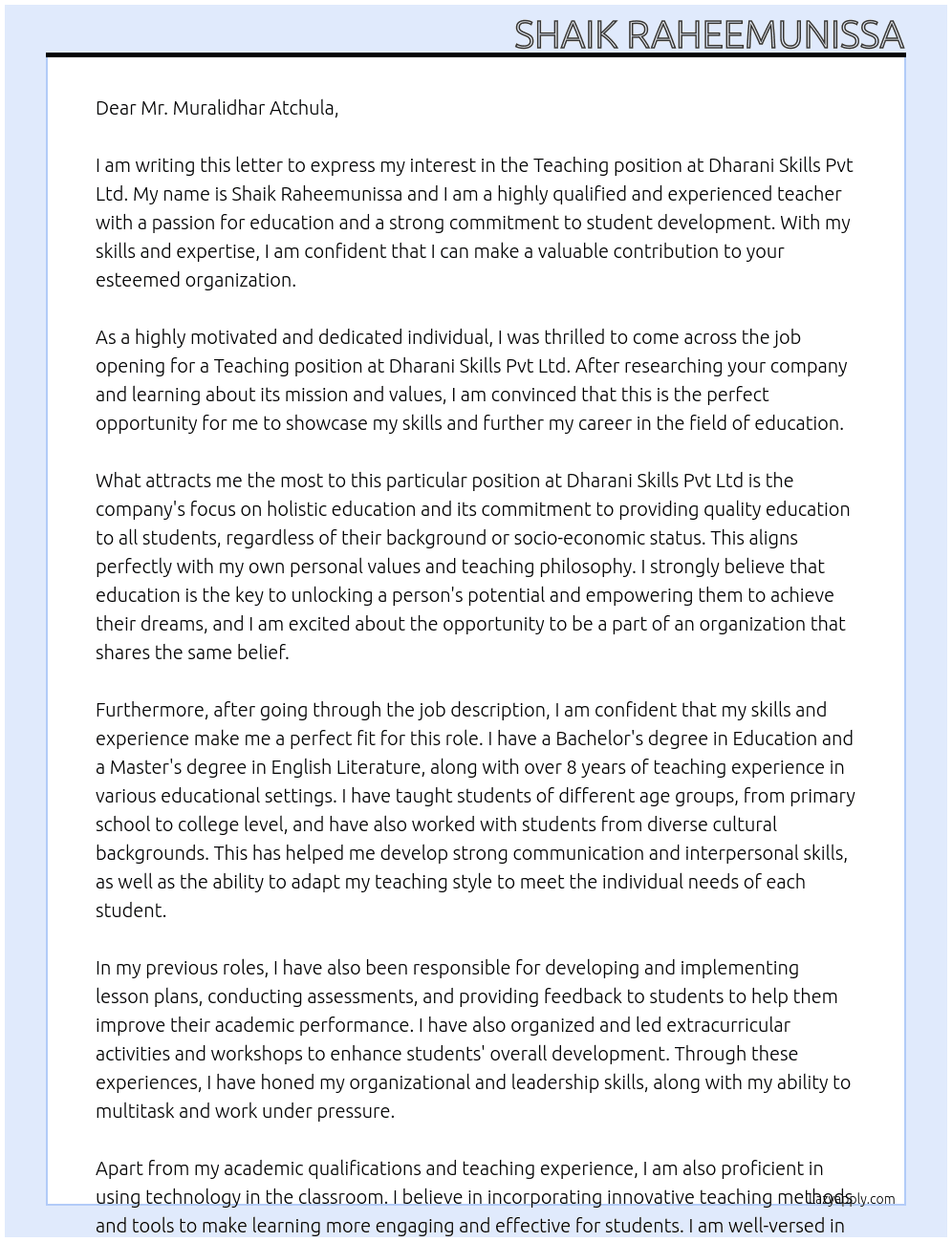 TEACHING At DHARANI SKILLS PVT LTD Cover Letter