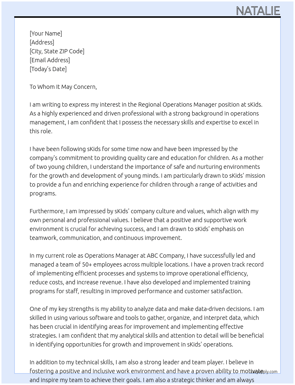 Regional operations manager At sKids Cover Letter
