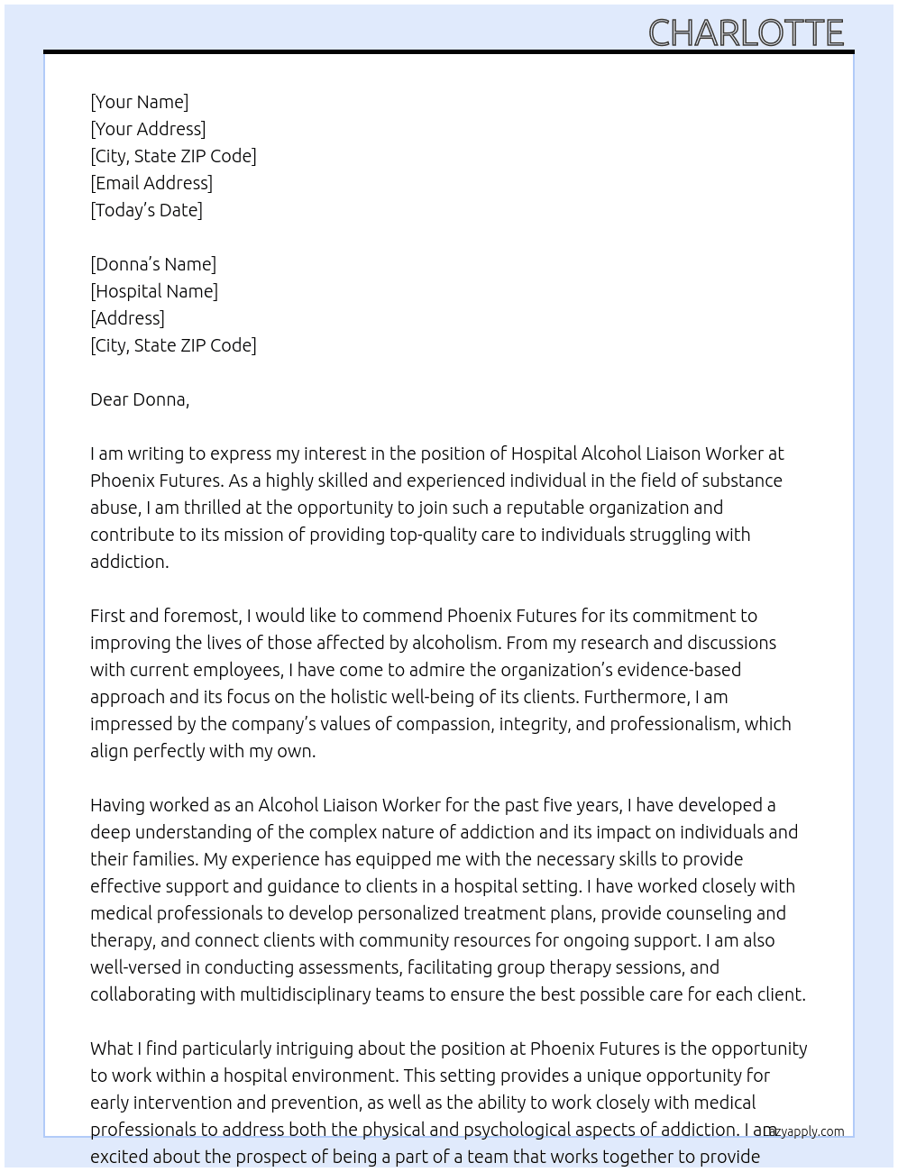 hospital Alcohol Liaison worker At Phoenix Futures Cover Letter