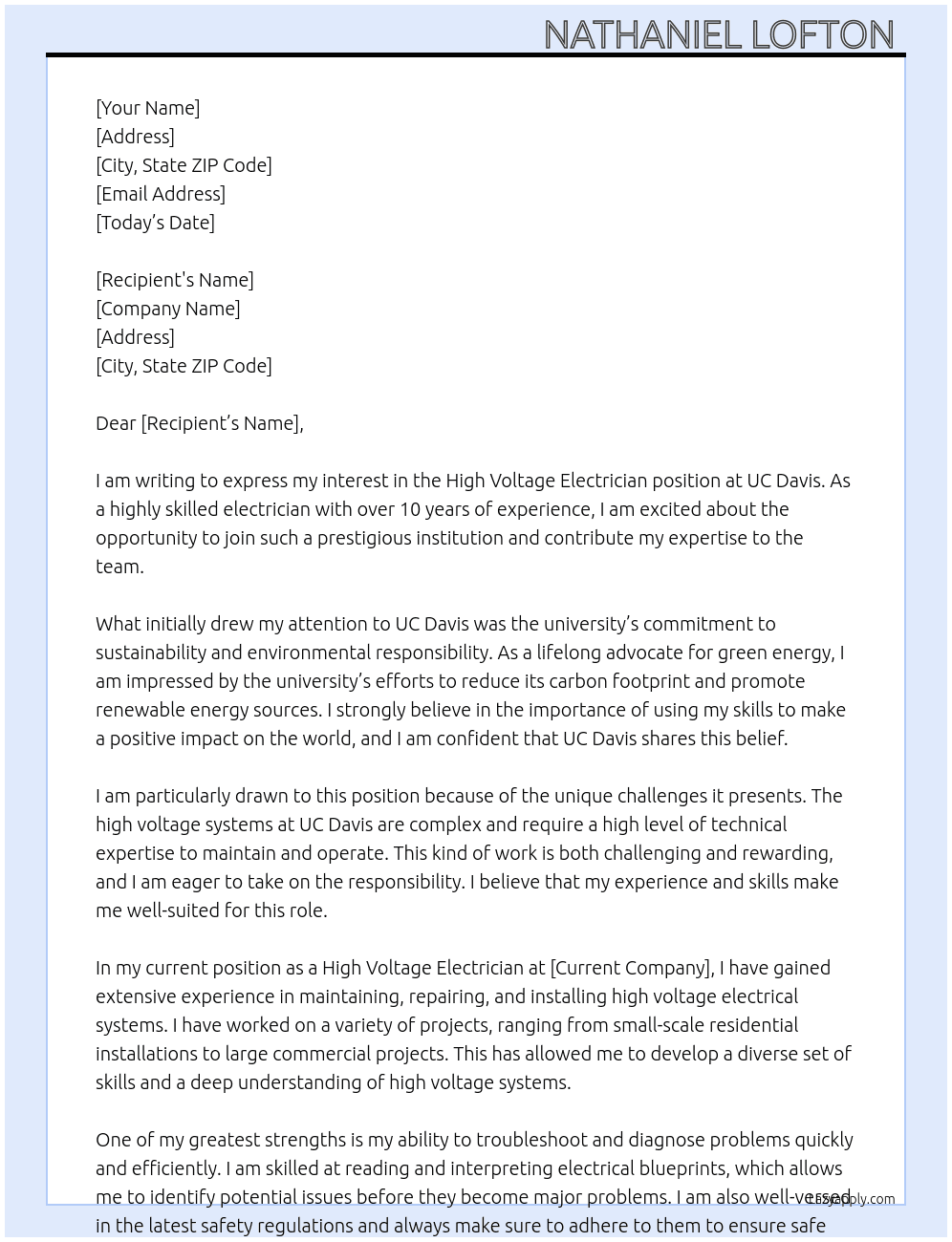 High Voltage Electrician At UC Davis Cover Letter
