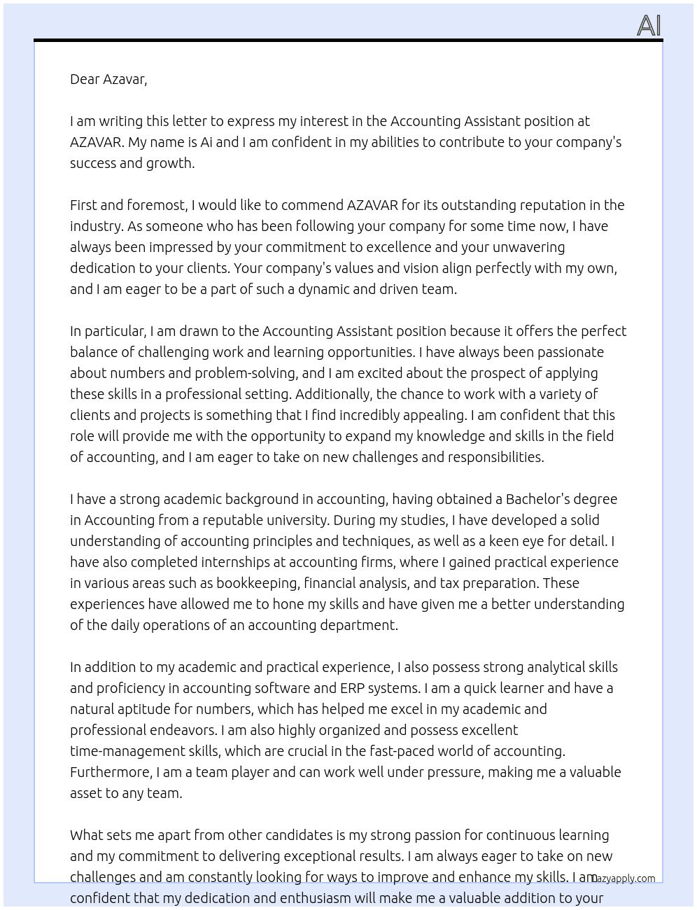 Accounting assistant  At AZAVAR Cover Letter