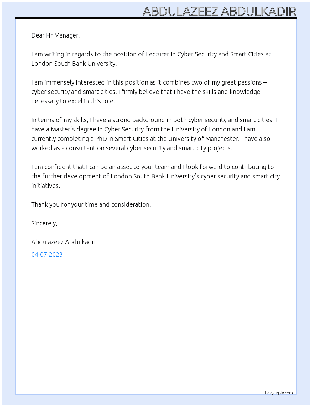 Lecturer in Cyber Security and Smart Cities At London South Bank University Cover Letter