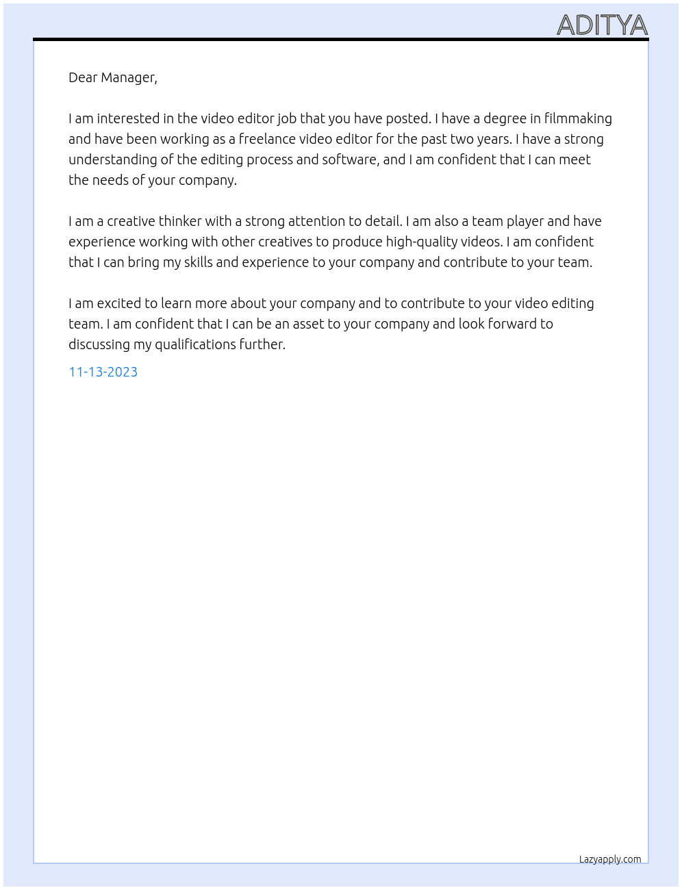 Video Editor At Video editor job Cover Letter