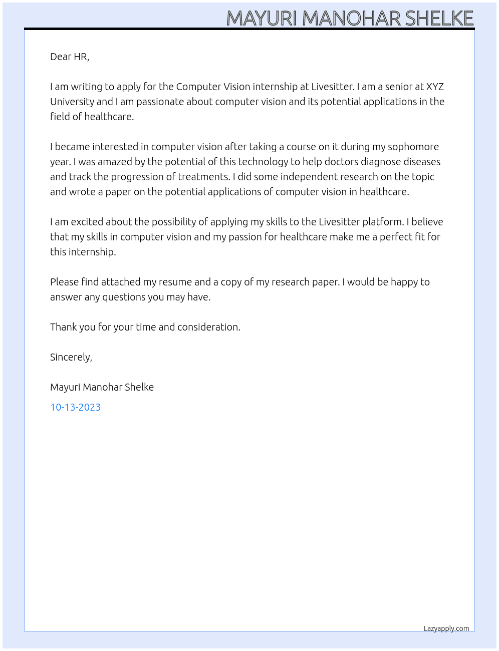 Applying for Computer Vision internship At Livesitter Cover Letter