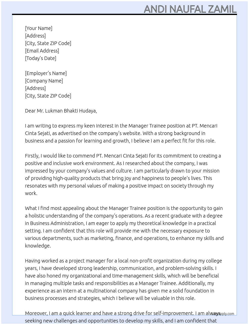 manager trainee At PT. Mencari Cinta Sejati Cover Letter