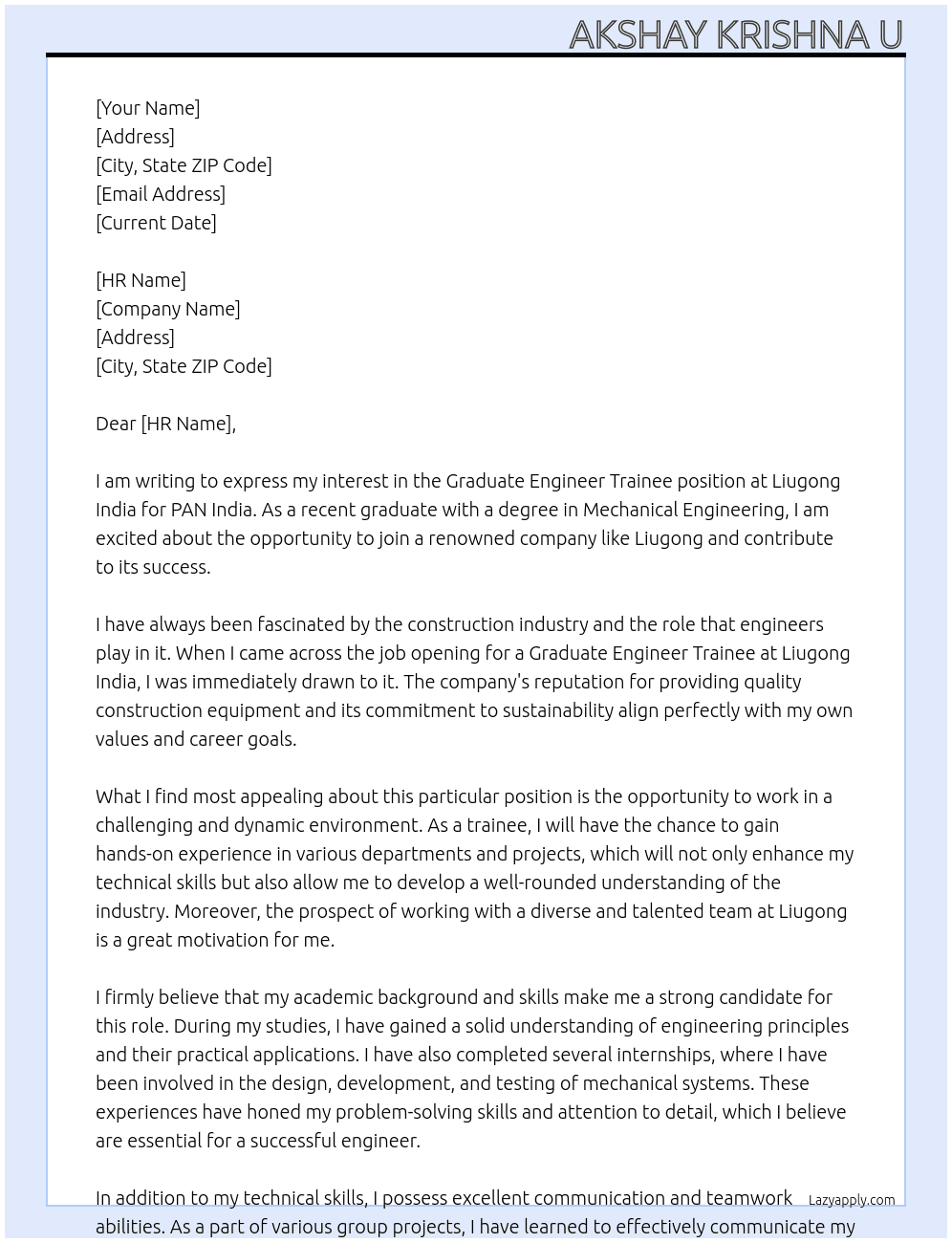 Graduate Engineer Trainee At  Liugong India for PAN India Cover Letter