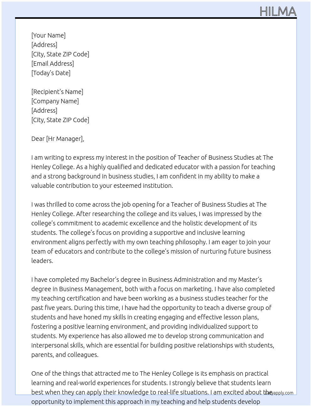 Teacher of business studies  At The Henley College  Cover Letter