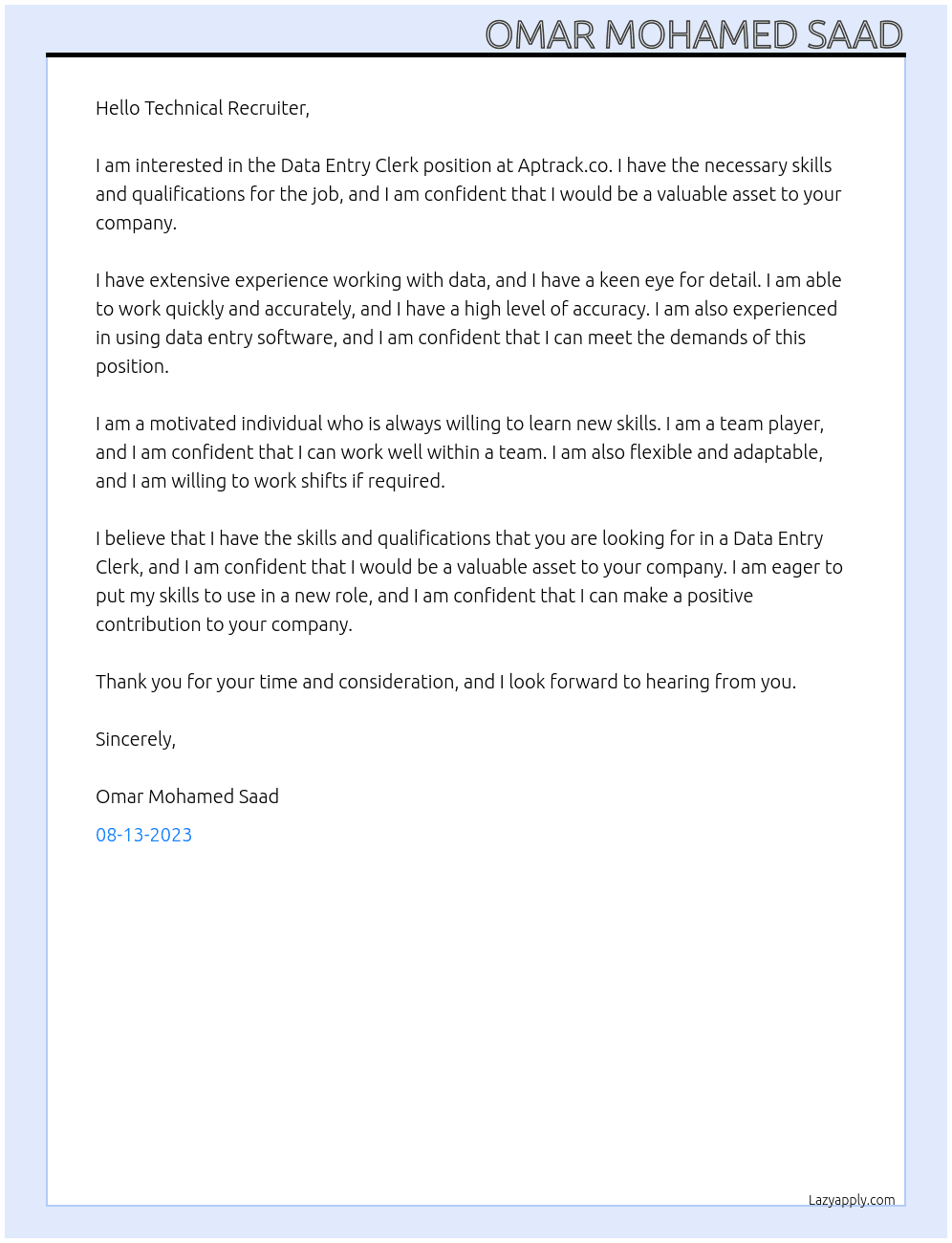 Data entry Clerk At Aptrack.co Cover Letter