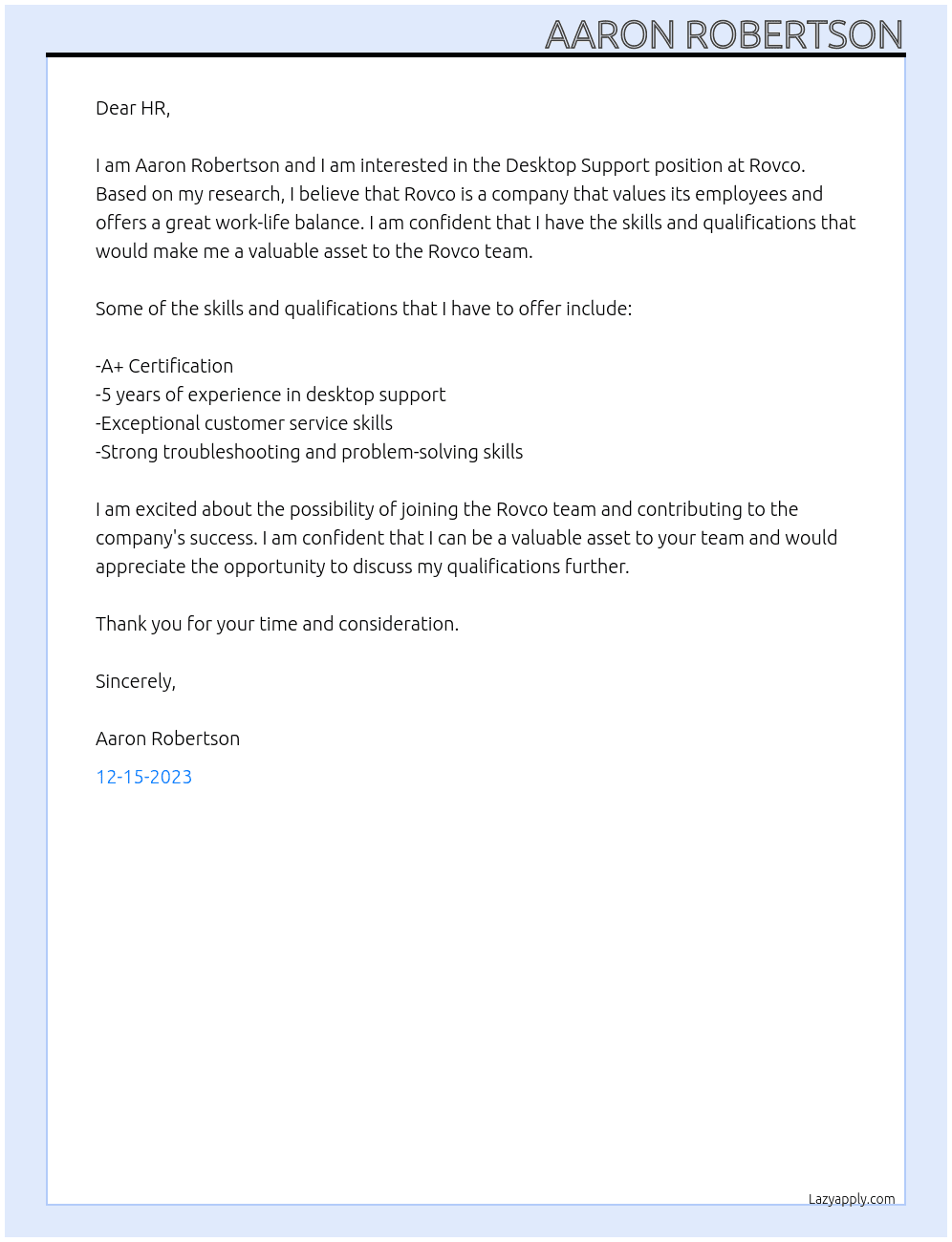 Desktop Support At Rovco Cover Letter