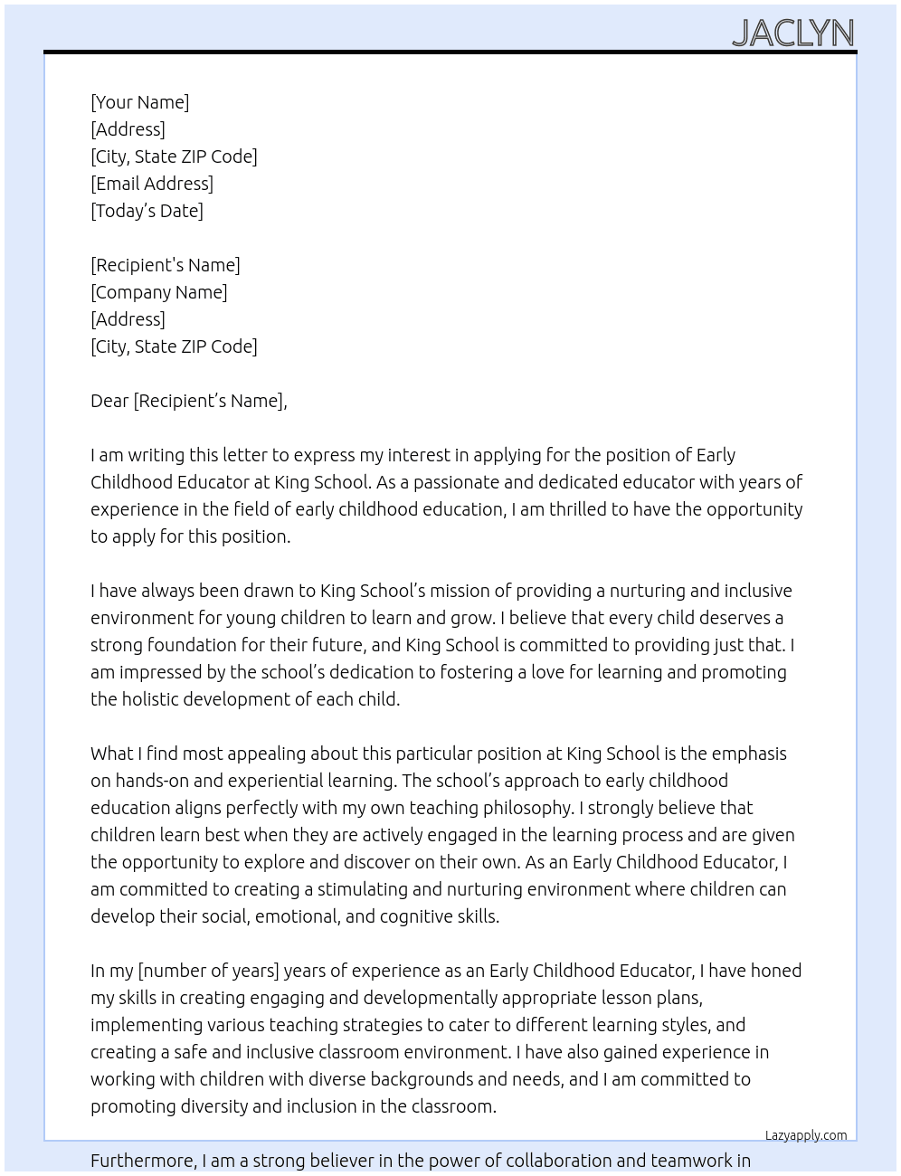 Early Childhood Educator  At King School Cover Letter