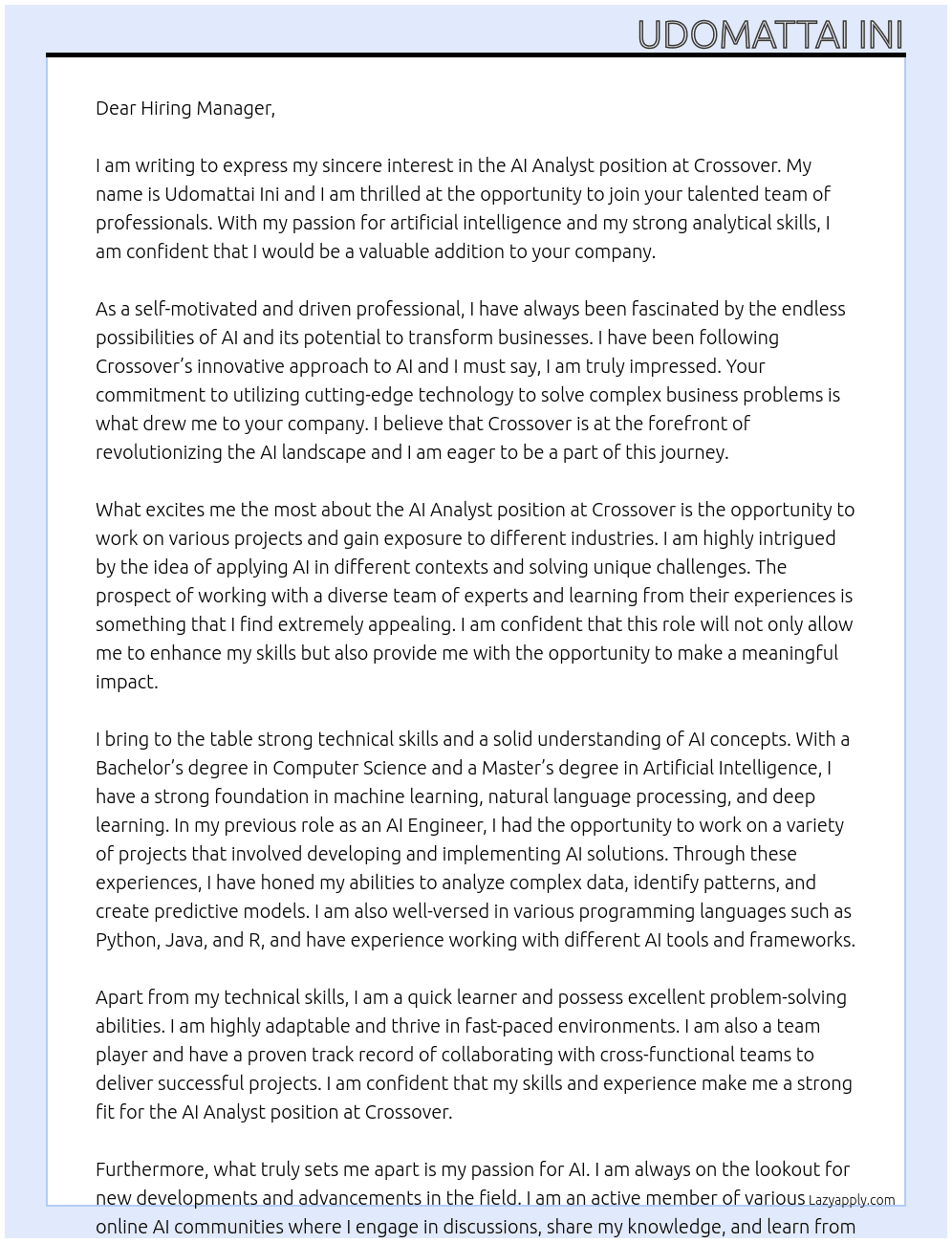 AI Analyst At Crossover Cover Letter