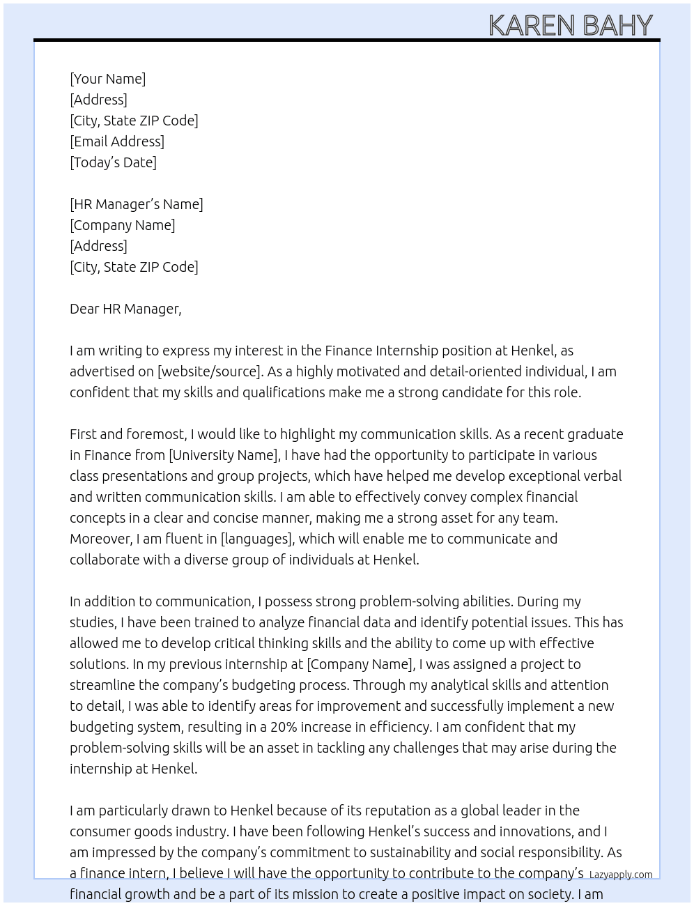 Finance Internship  At Henkel  Cover Letter