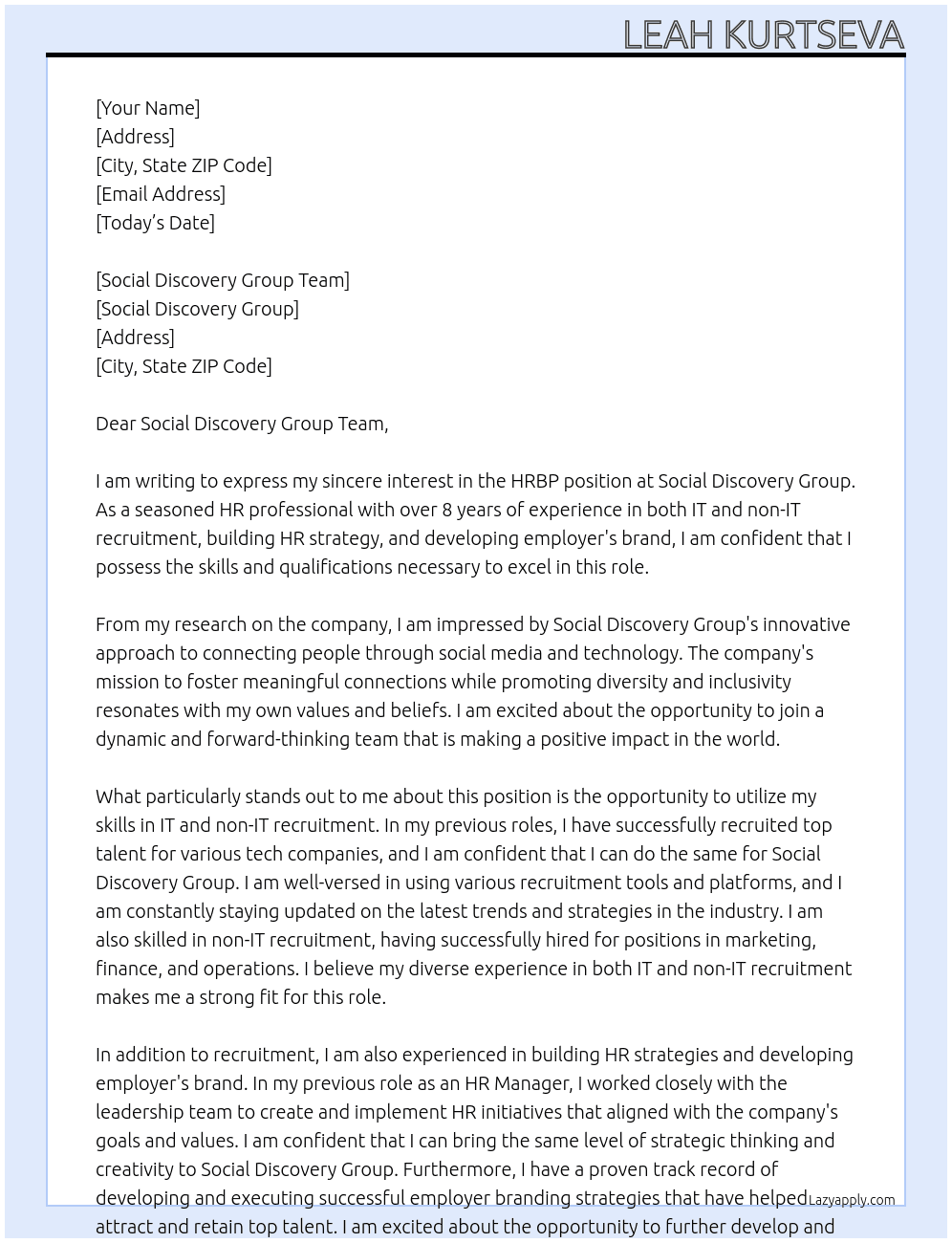 HRBP At Social Discovery Group Cover Letter