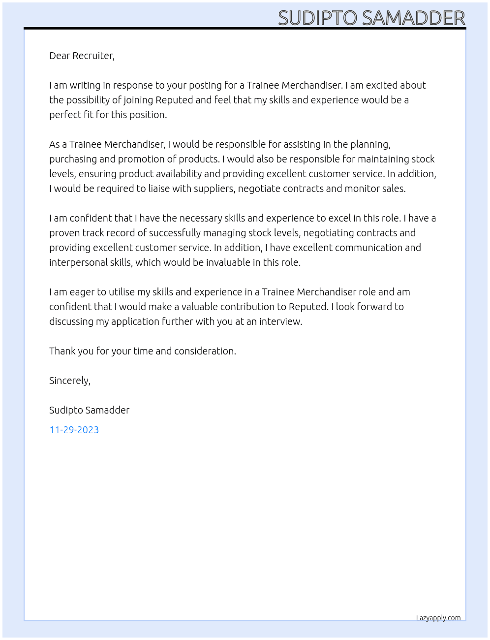 Trainee Merchandiser At Reputed Cover Letter