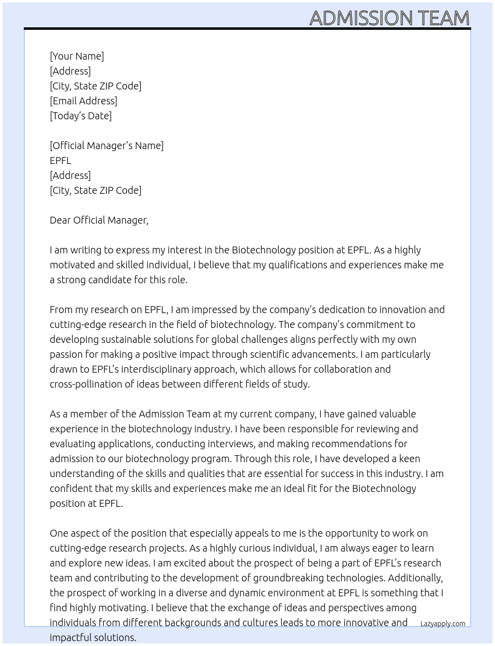 biotechnology At EPFL Cover Letter