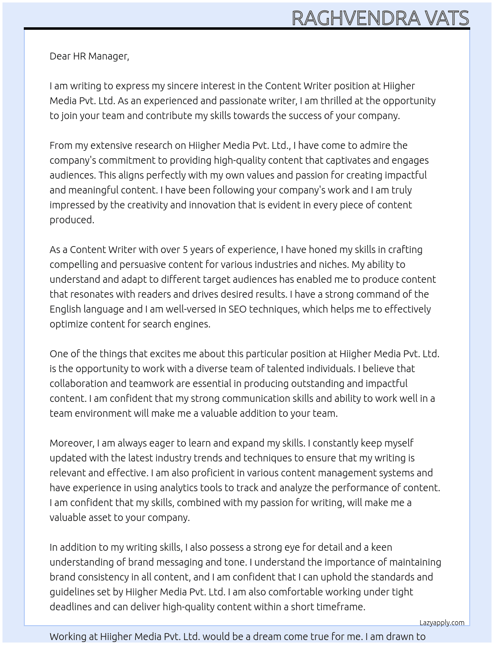 Content Writer At Hiigher Media Pvt. Ltd.  Cover Letter