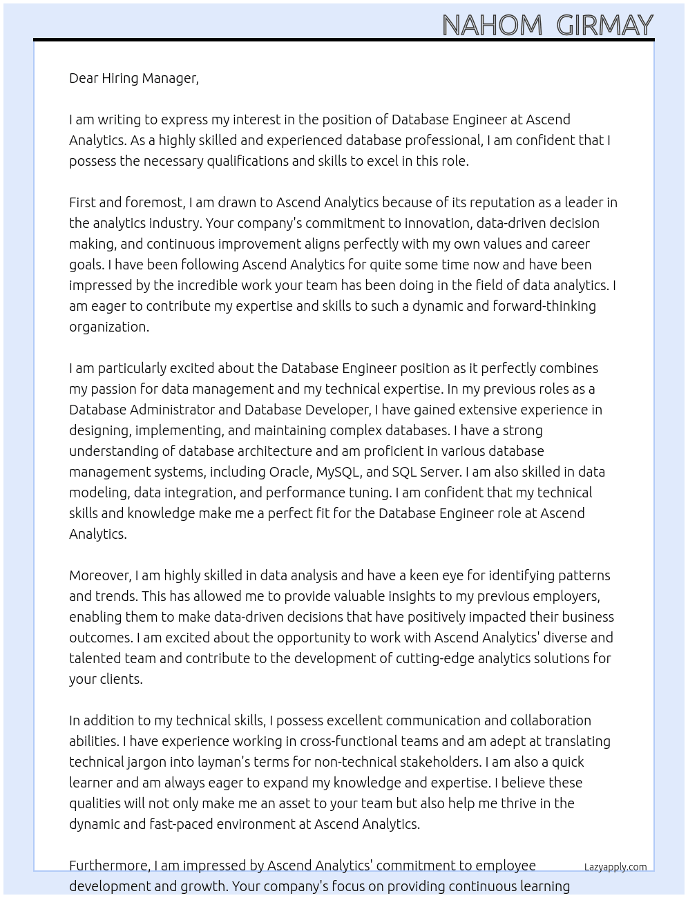 Database Engineer At Ascend Analytics Cover Letter