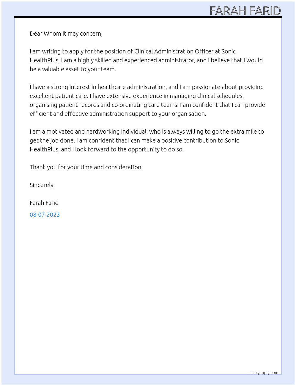 Clinical Administration Officer At Sonic HealthPlus Cover Letter