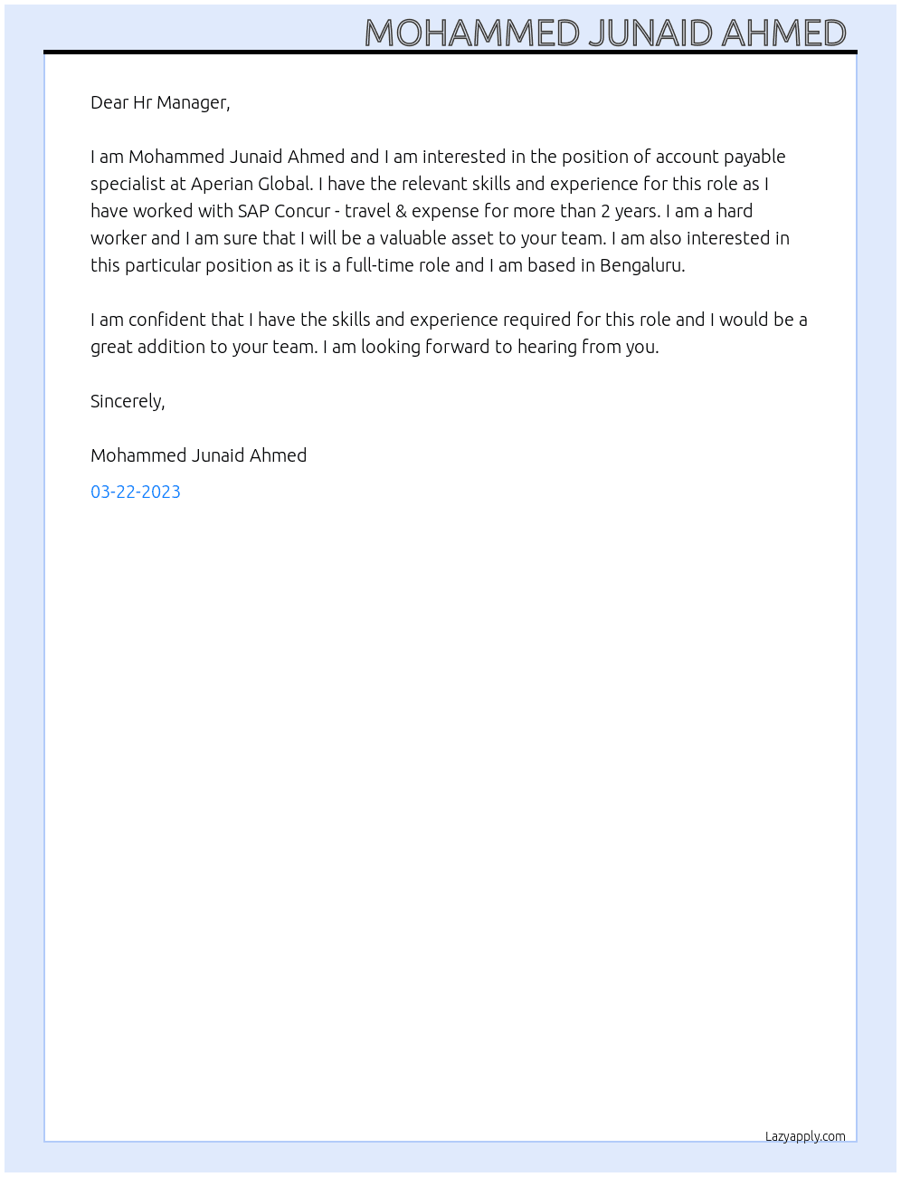 Account payable specialist  At Aperian Global Cover Letter