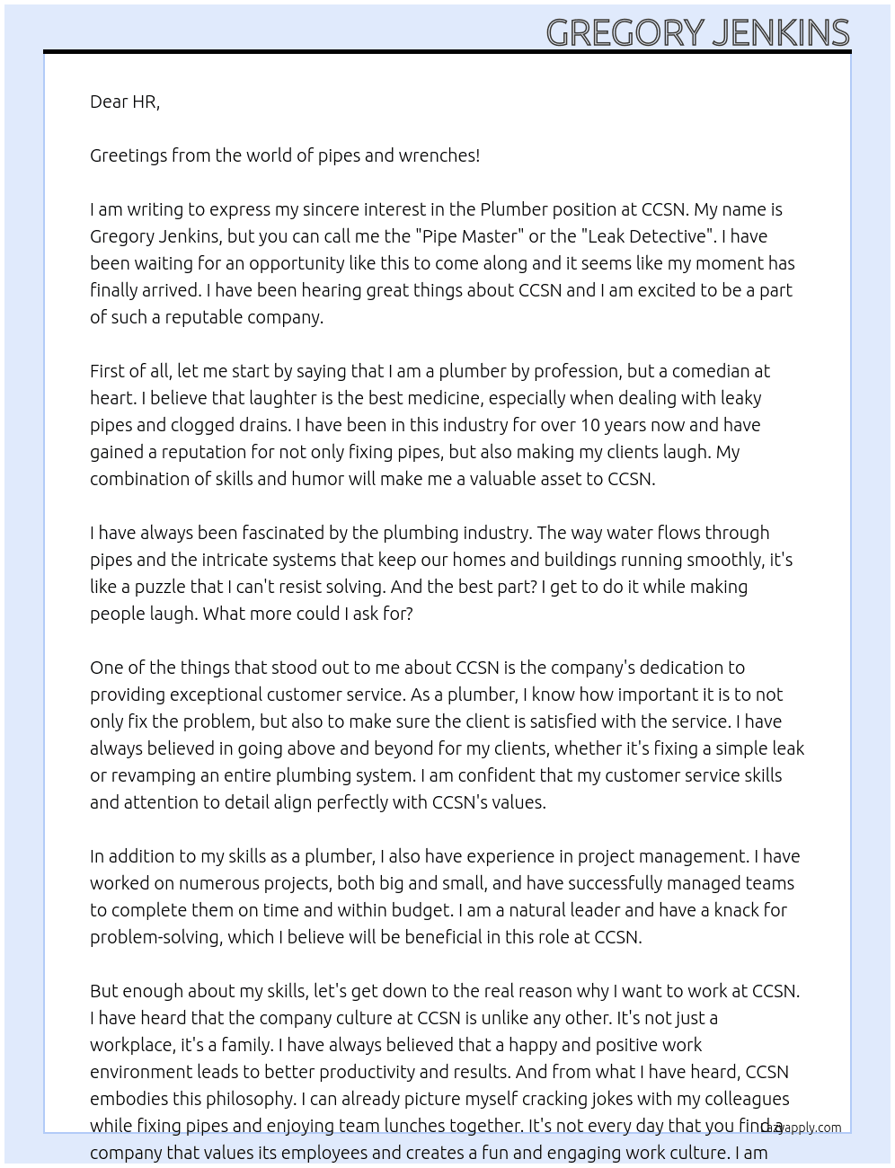 Plumber At Ccsn Cover Letter