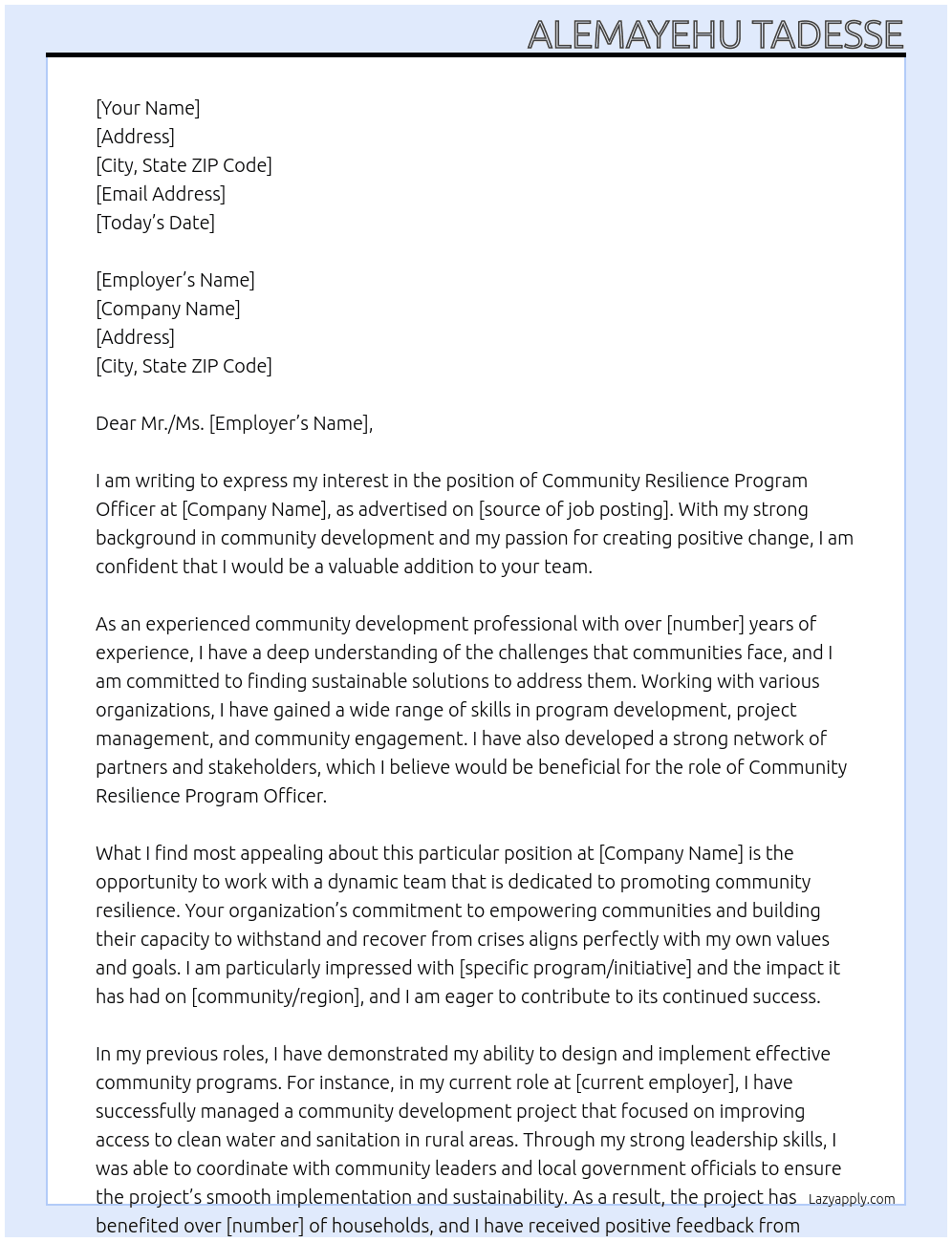Community Resilience Program Officer At Alemayehu Tadesse Cover Letter
