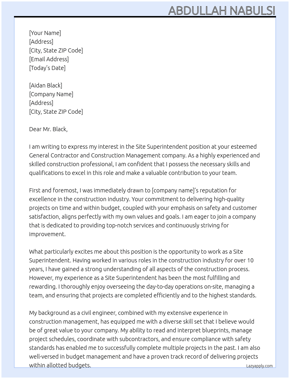 Site Superintendent At General Contractor and Construction Management company Cover Letter
