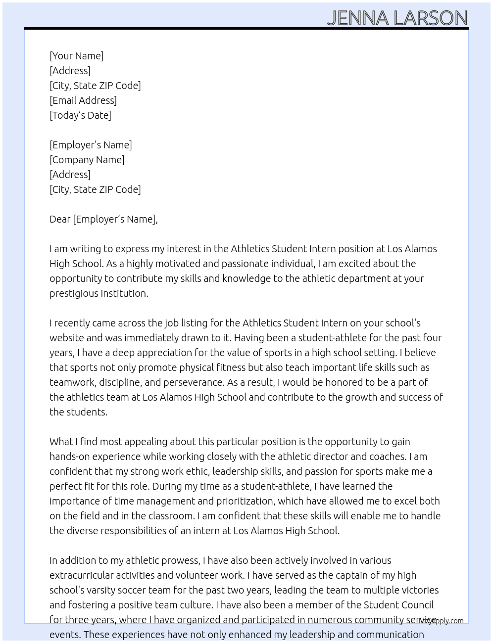 Cover letter for athletics student intern - LazyApply