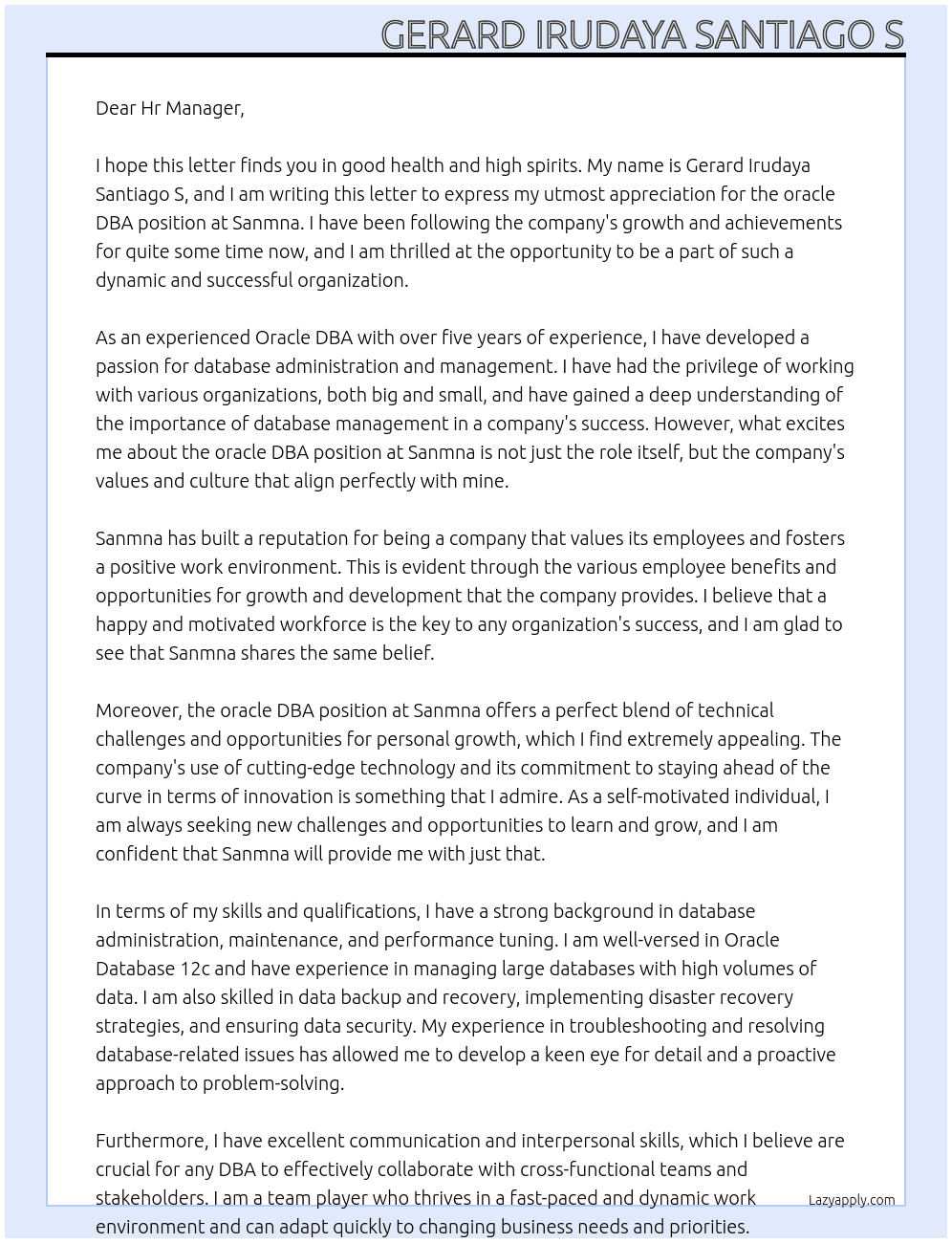 oracle DBA At Sanmna Cover Letter