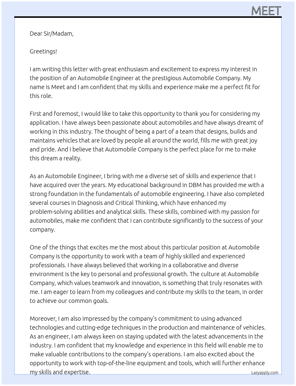 Automobile Engineer At Automobile Company Cover Letter