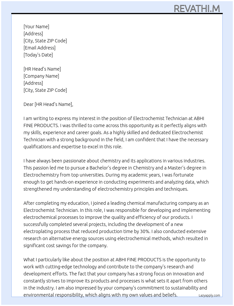 Electro  chemist   technicion At ABHI  FINE   PRODUCTD Cover Letter