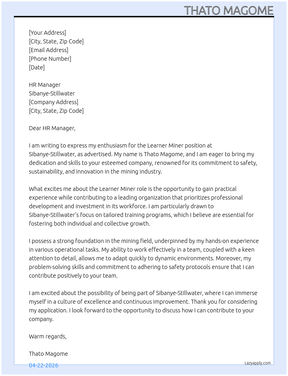 Leaner miner At Sibanye-stillwater  Cover Letter