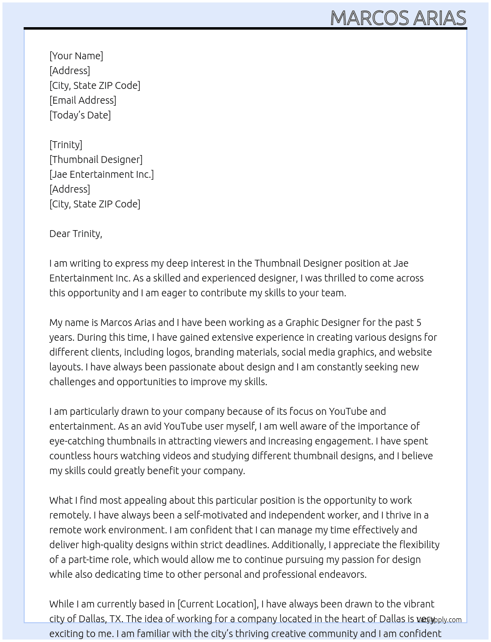 Thumbnail designer At Jae Entertainment Inc Cover Letter