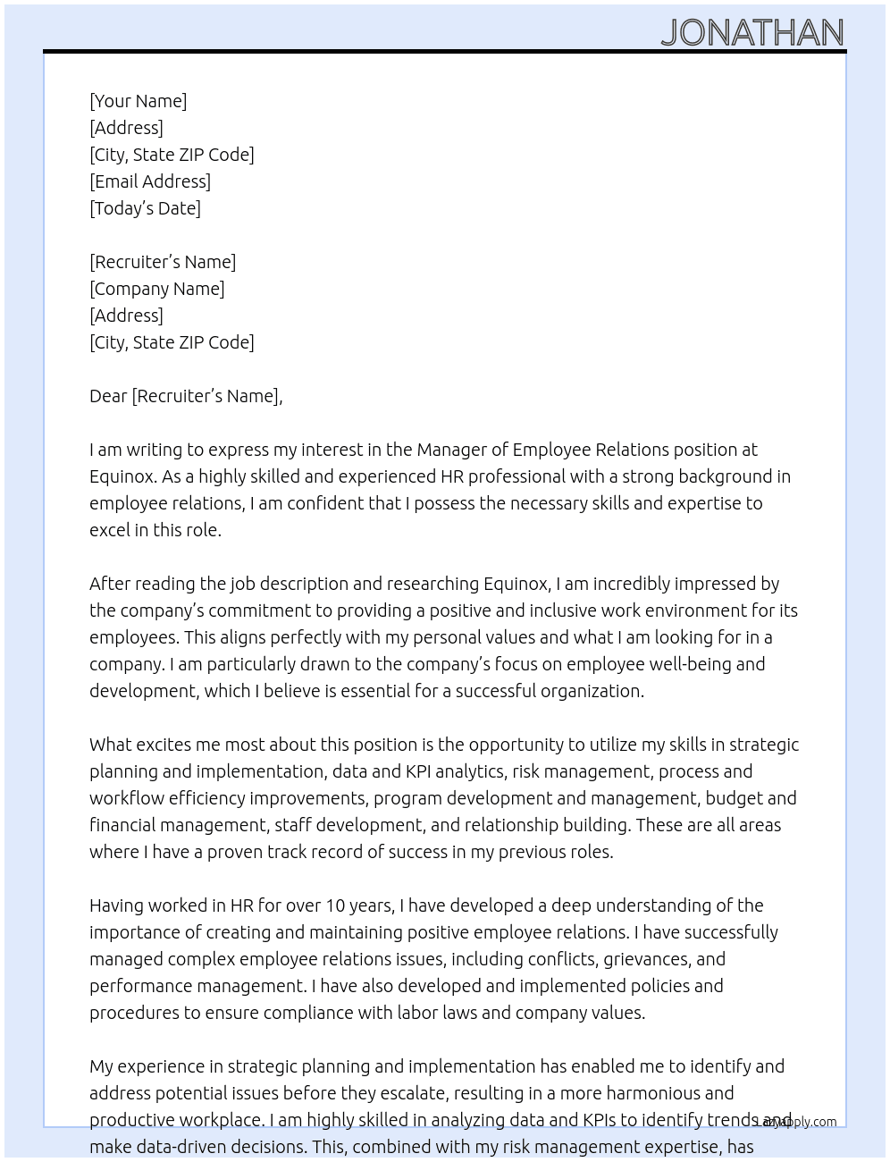 MANAGER OF EMPLOYEE RELATIONS At Equinox Cover Letter