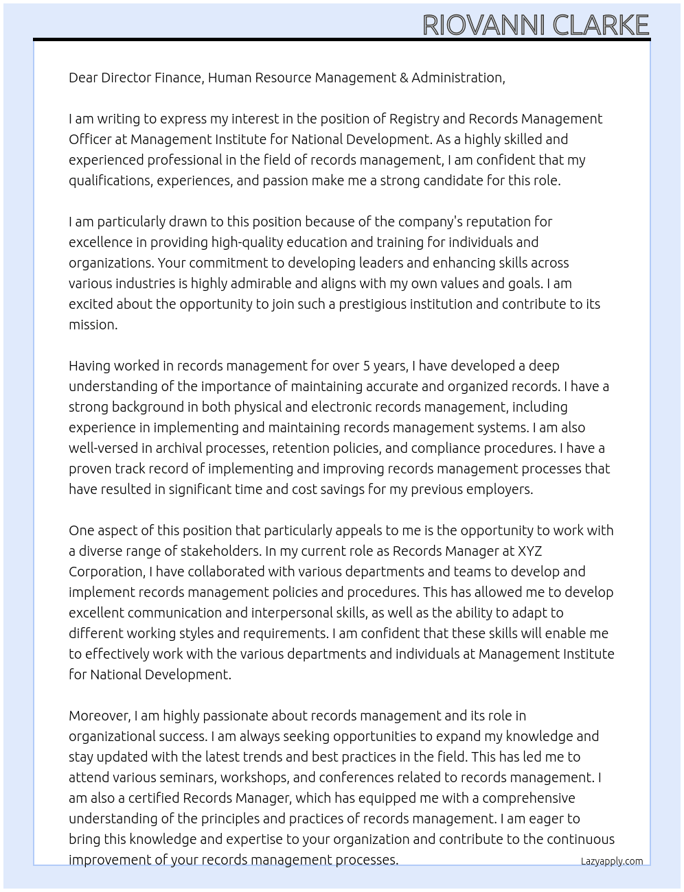 Registry and Records Management Officer At Management Institute for National Development Cover Letter