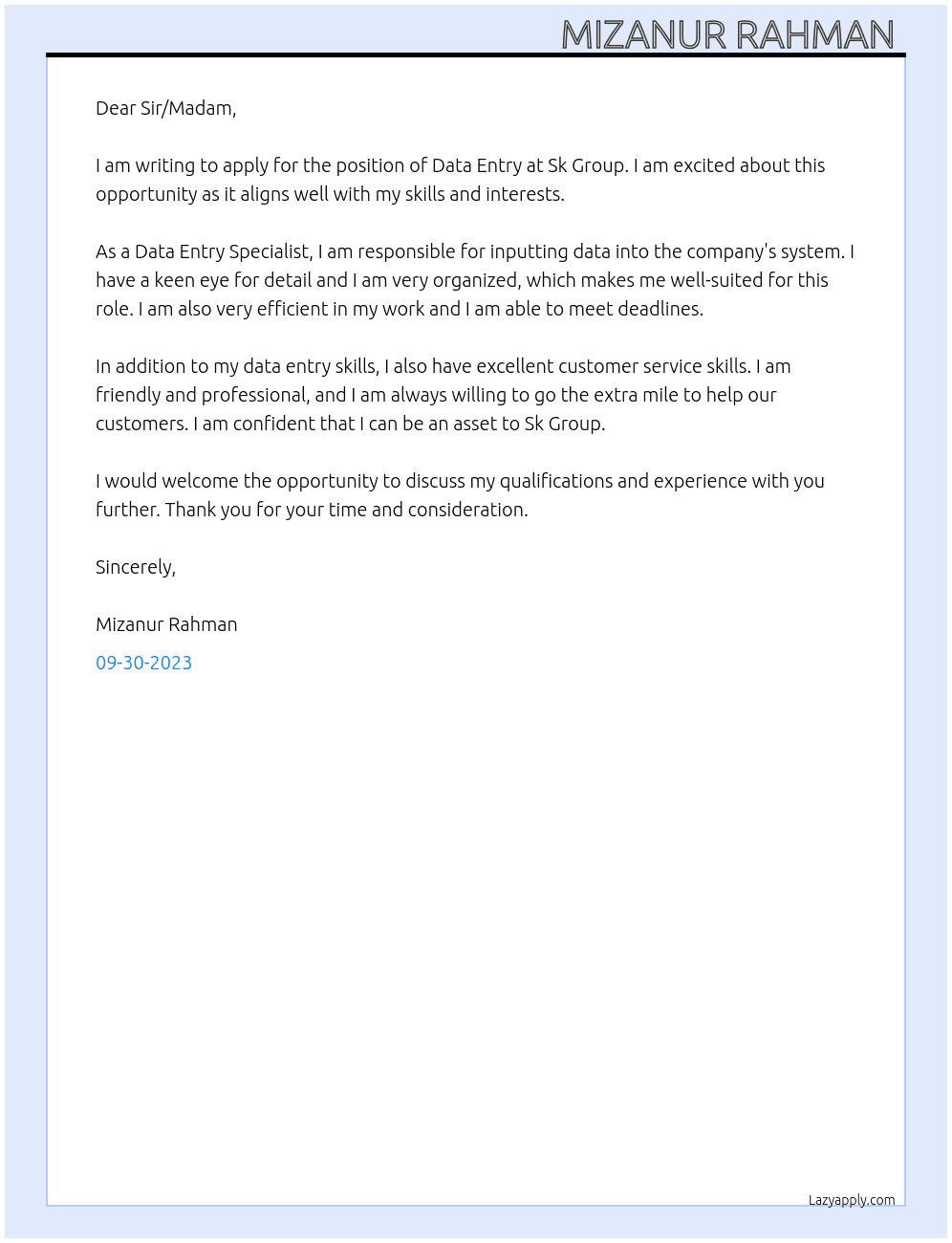 Data entry At Sk Group Cover Letter