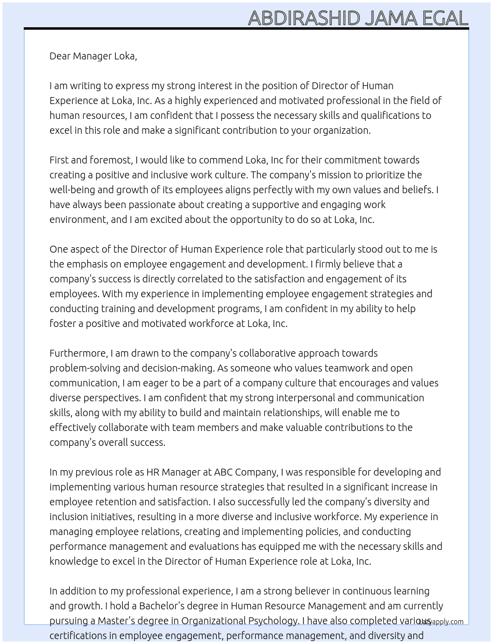 Director of Human Experience  At Loka, Inc Cover Letter