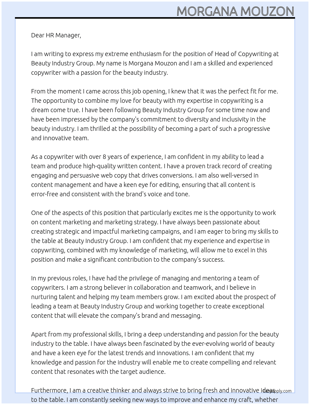 Head of Copywriting At Beauty Industry Group Cover Letter
